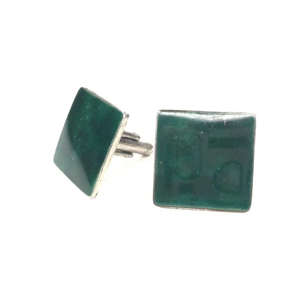 Vtg 1950s ABANA Mens Cufflink Emerald Green Jade Color Silvertone Base Square